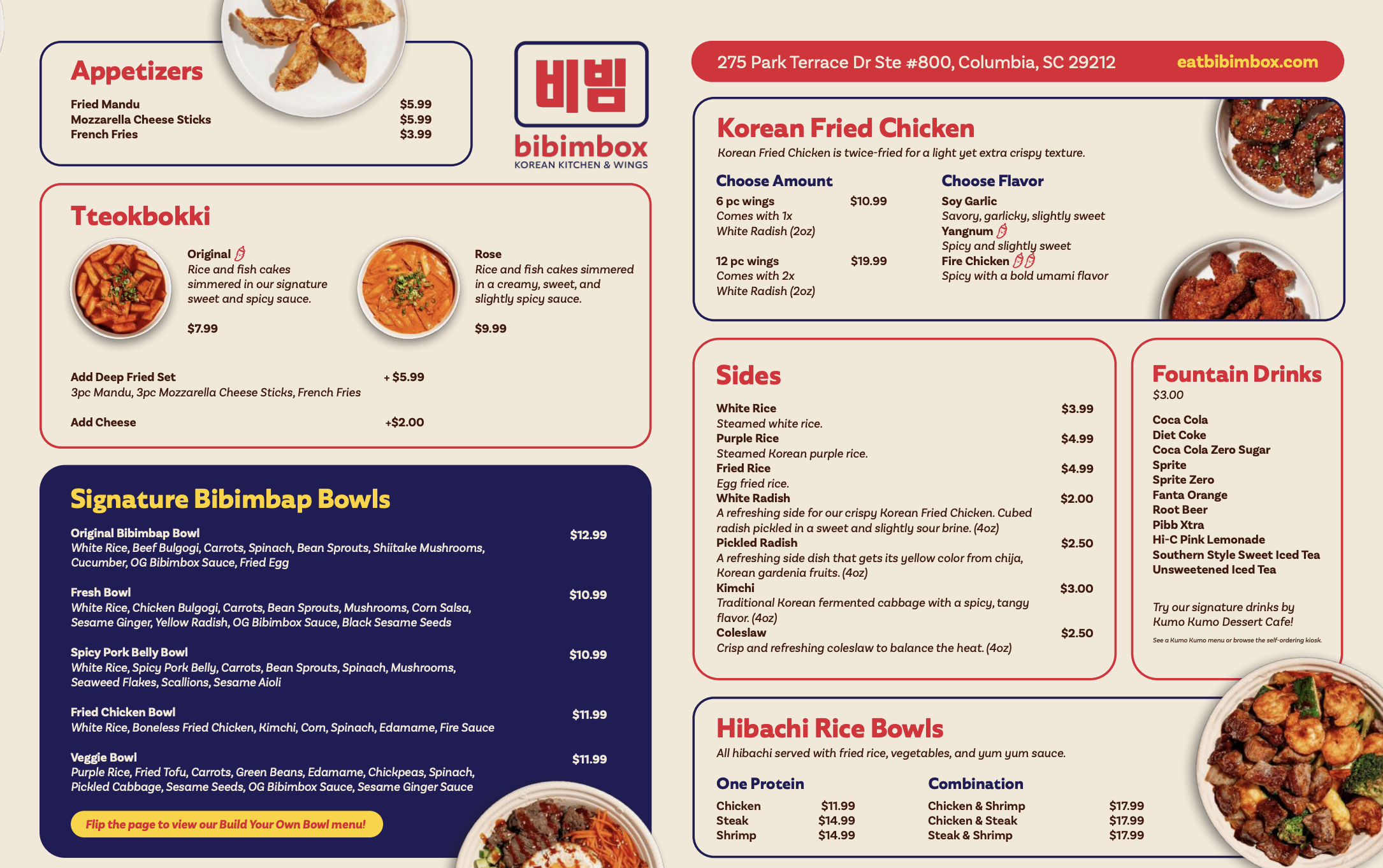 Bibimbox menu using Columbia, SC food photography 
